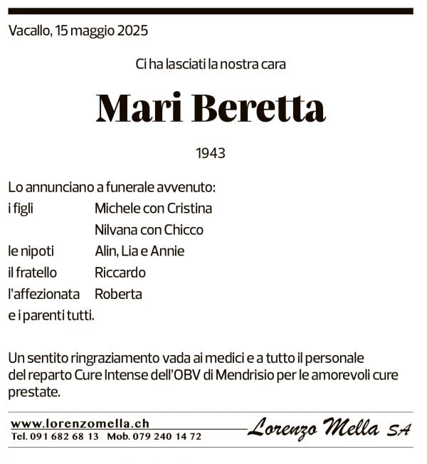 Annuncio funebre Mari Beretta