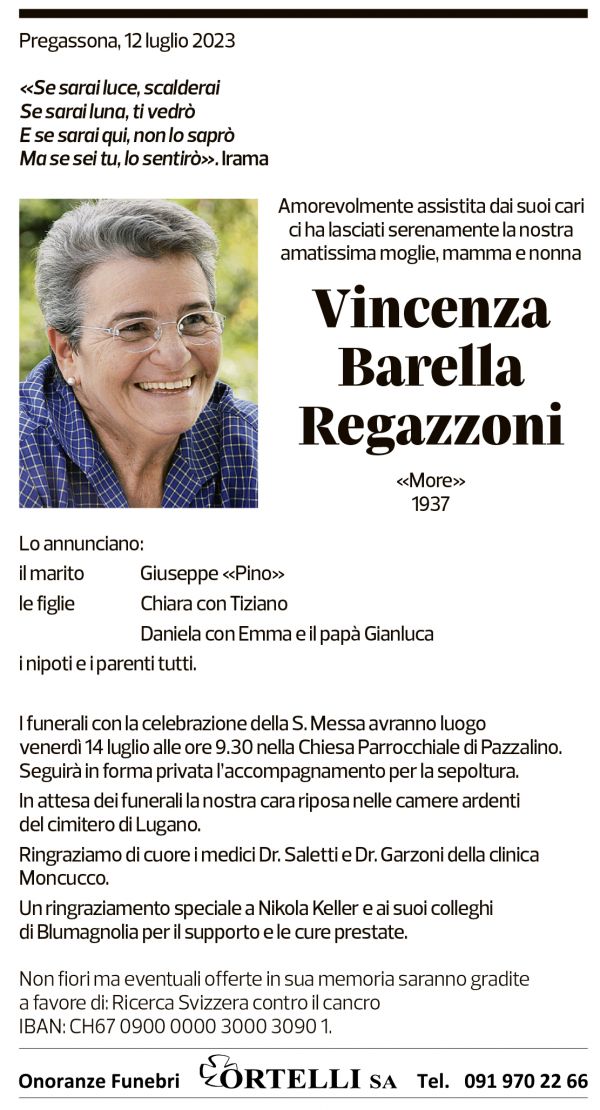 Annuncio funebre Vincenza Barella Regazzoni