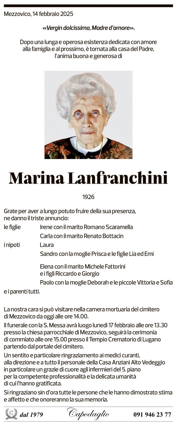 Annuncio funebre Marina Lanfranchini