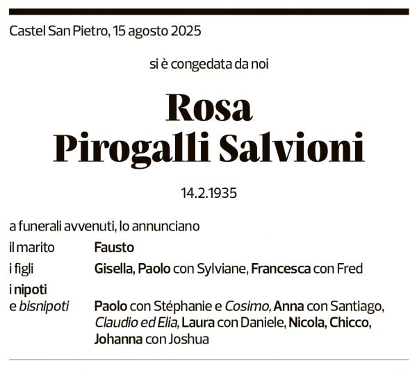 Annuncio funebre Rosa Pirogalli Salvioni