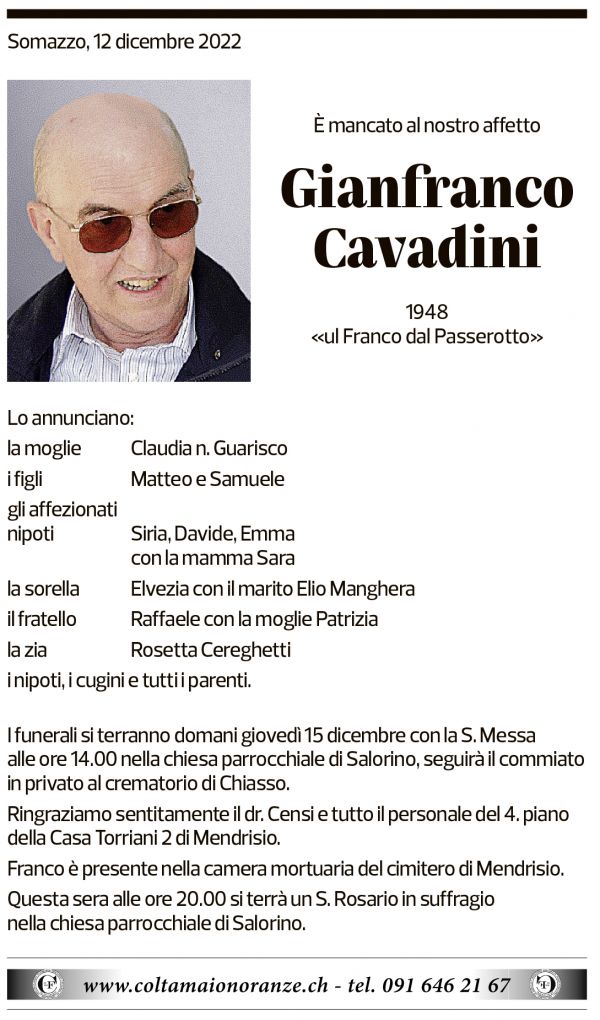 Annuncio funebre Gianfranco Cavadini