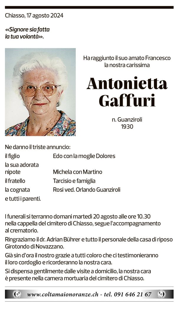 Annuncio funebre Antonietta Gaffuri