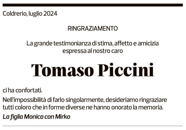 Annuncio funebre Tomaso Piccini