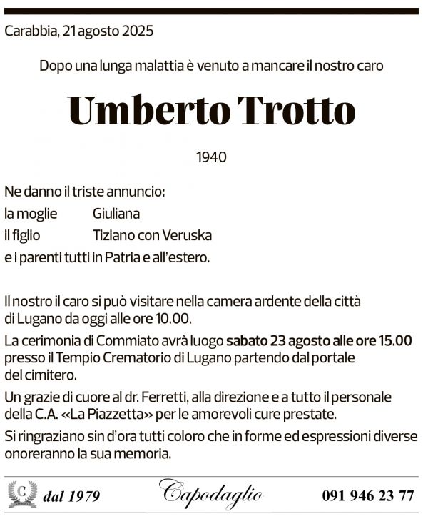 Annuncio funebre Umberto Trotto