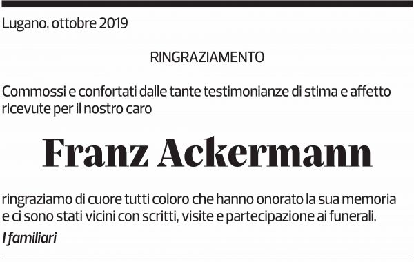Annuncio funebre Franz Ackermann
