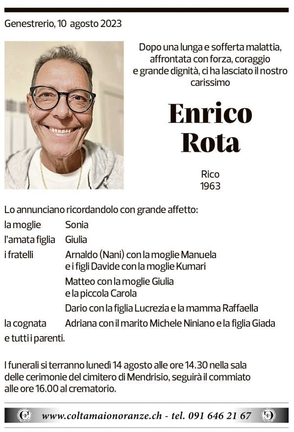 Annuncio funebre Enrico Rota