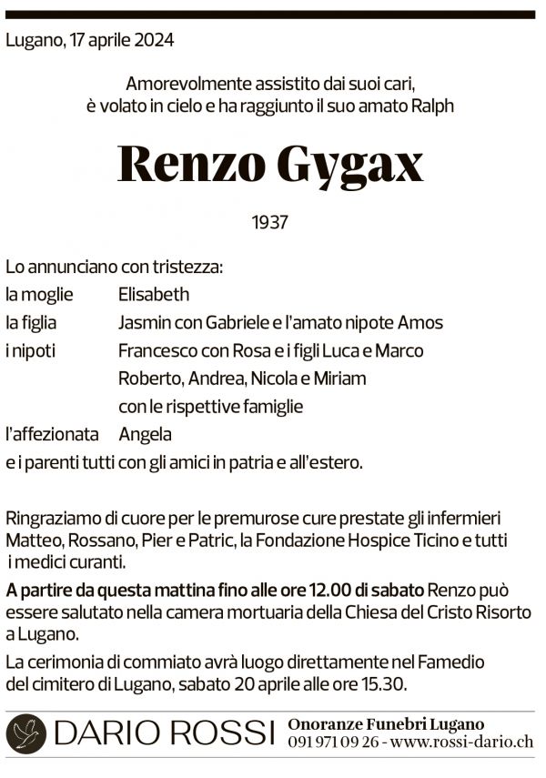 Annuncio funebre Renzo Gygax