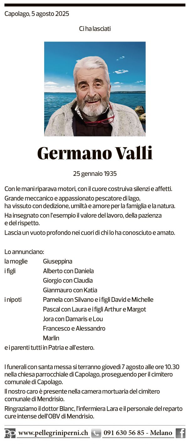 Annuncio funebre Germano Valli
