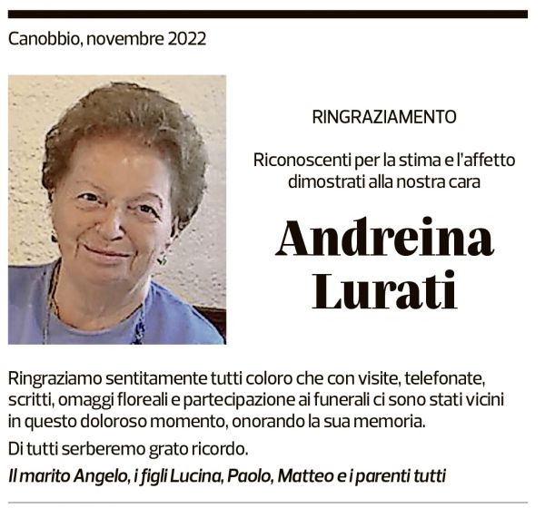 Annuncio funebre Andreina Lurati