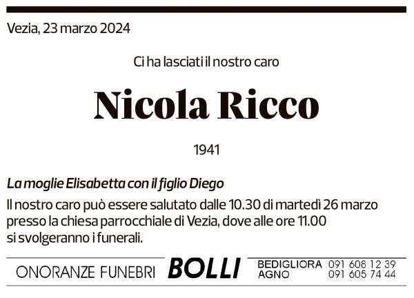 Annuncio funebre Nicola Ricco