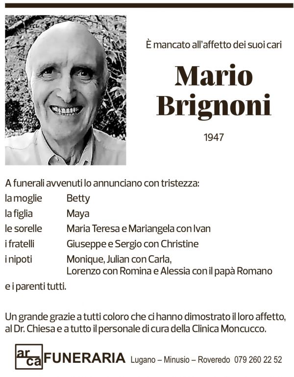 Annuncio funebre Mario Brignoni