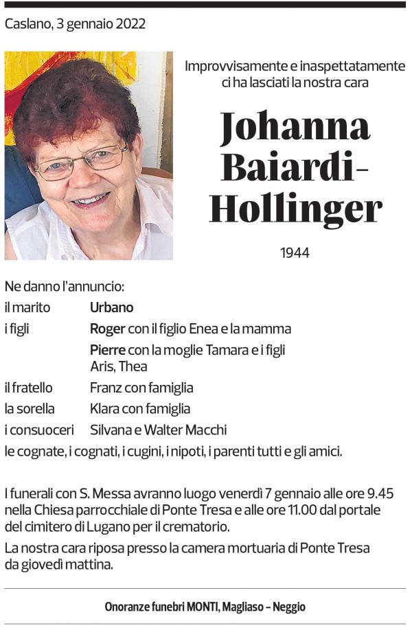 Annuncio funebre Johanna Baiardi-hollinger