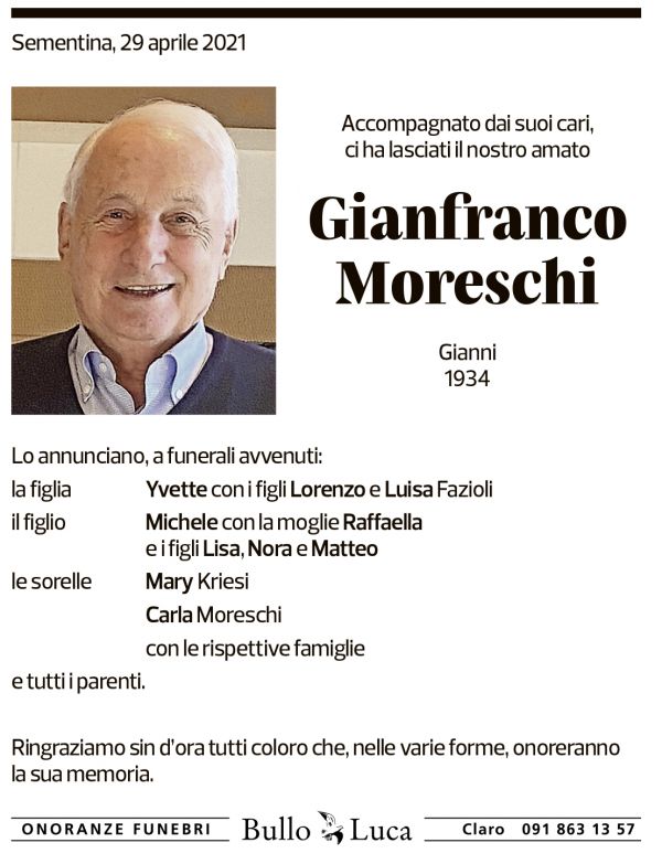 Annuncio funebre Gianfranco Moreschi