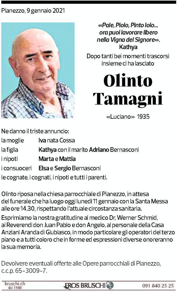 Annuncio funebre Olinto Tamagni