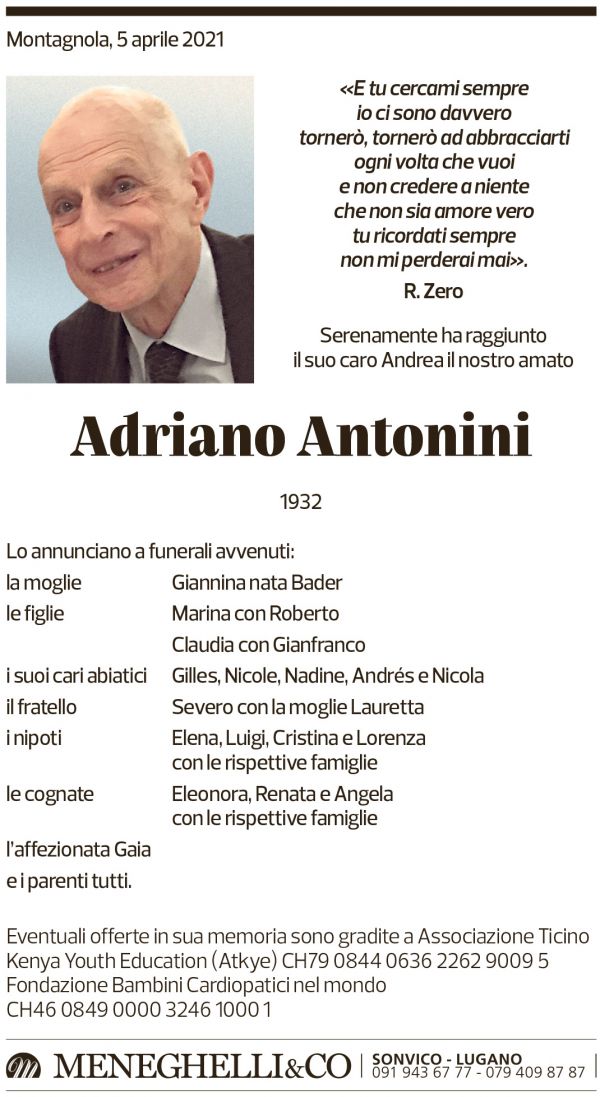 Annuncio funebre Adriano Antonini