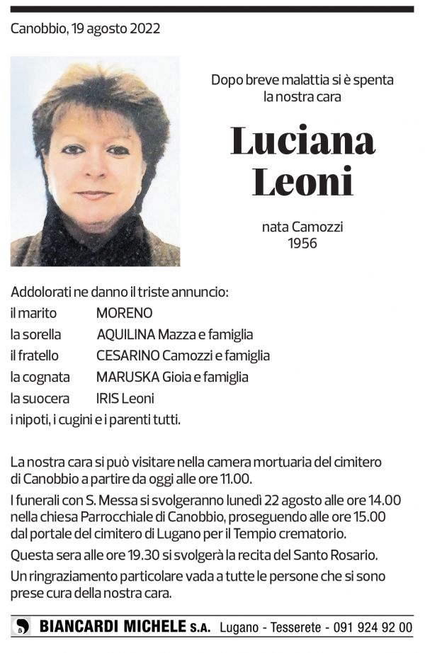 Annuncio funebre Luciana Leoni