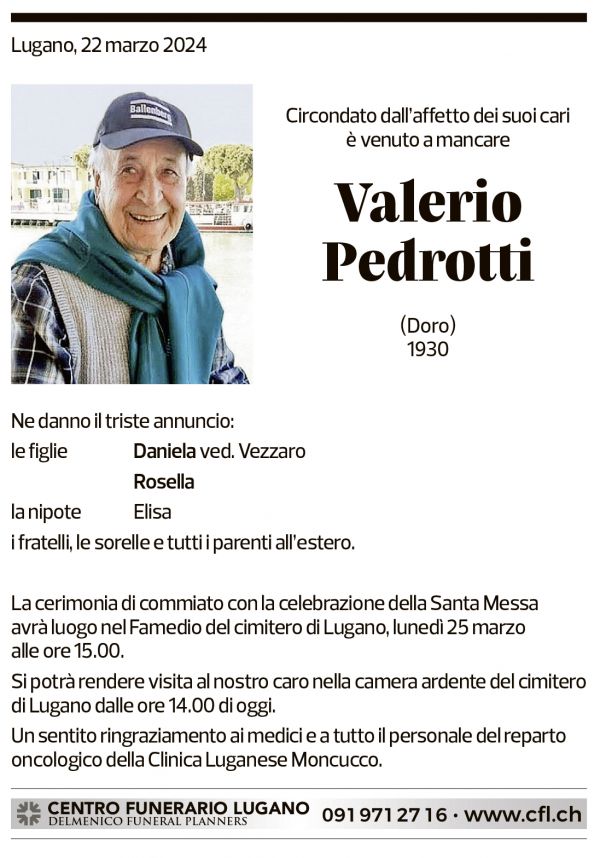 Annuncio funebre Valerio Pedrotti