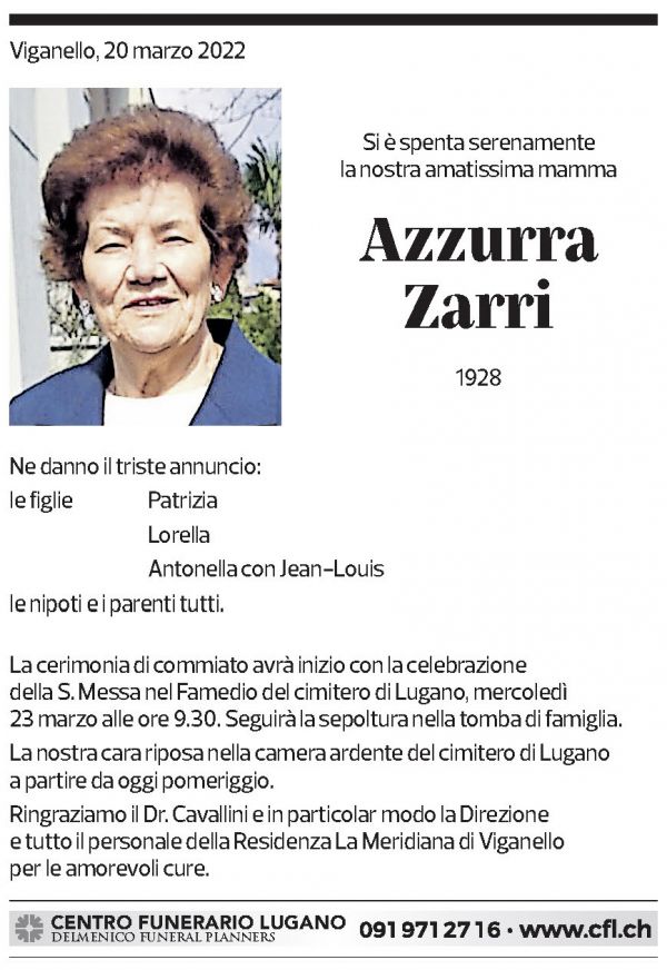 Annuncio funebre Azzurra Zarri