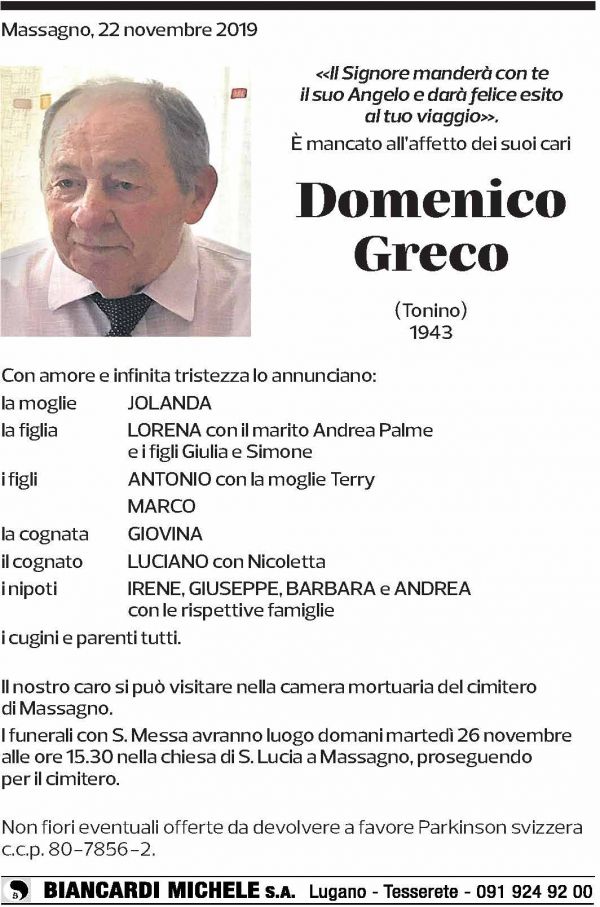 Annuncio funebre Domenico Greco