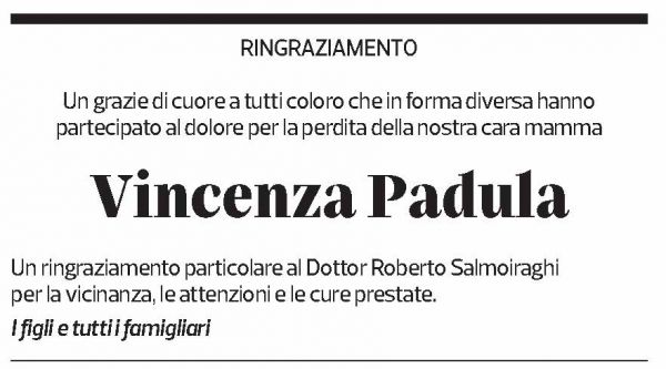 Annuncio funebre Vincenza Padula