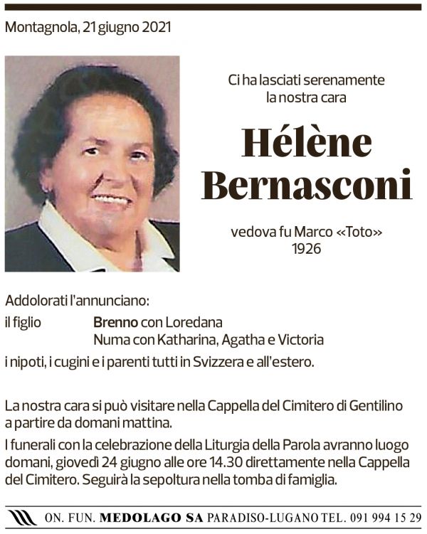 Annuncio funebre Hélène Bernasconi