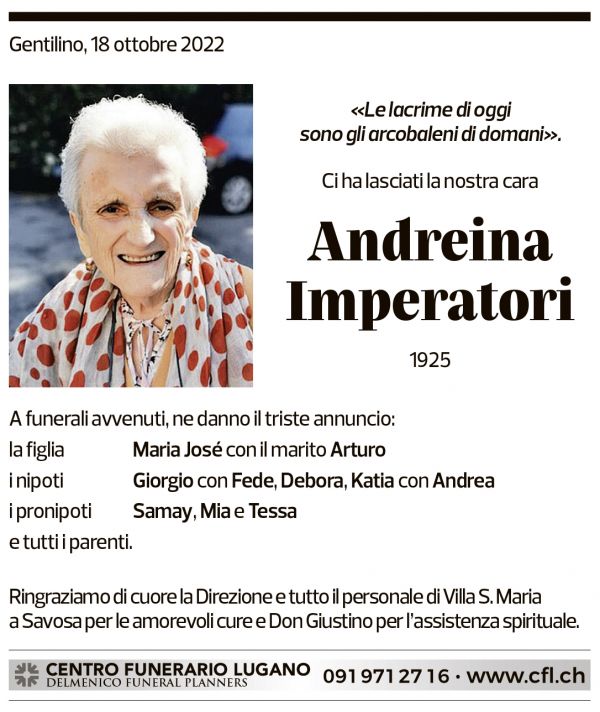 Annuncio funebre Andreina Imperatori