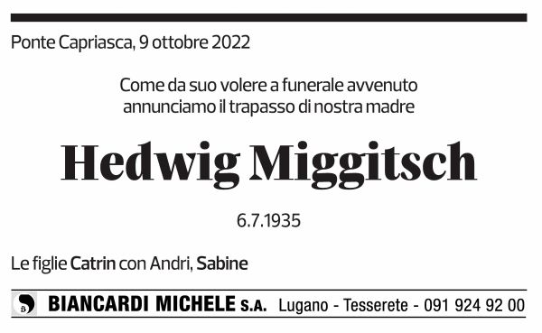 Annuncio funebre Hedwing Miggitsch