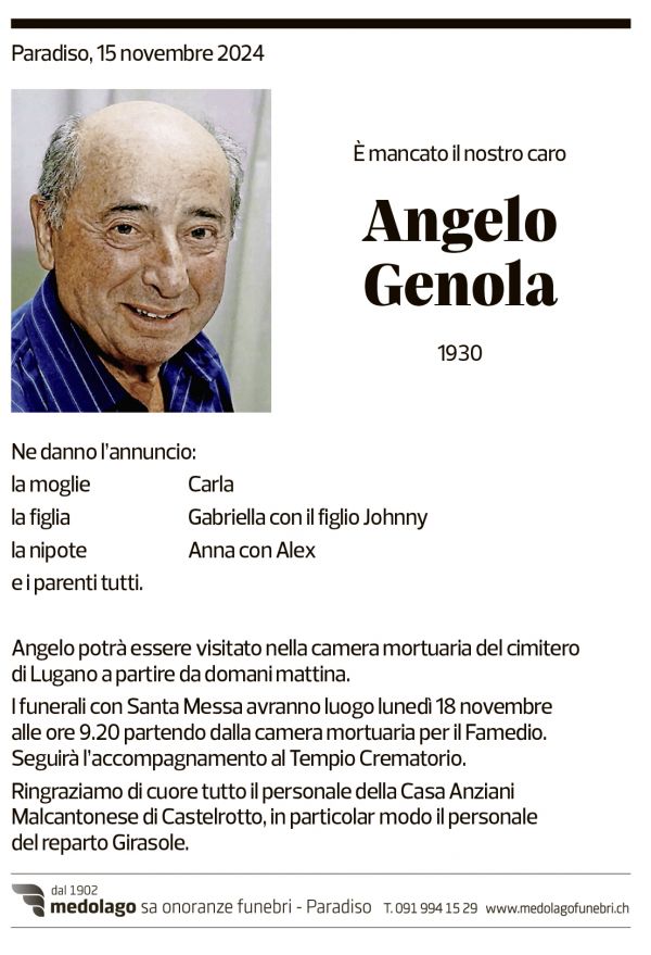 Annuncio funebre Angelo Genola