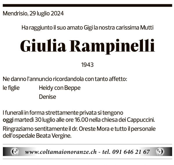 Annuncio funebre Giulia Rampinelli