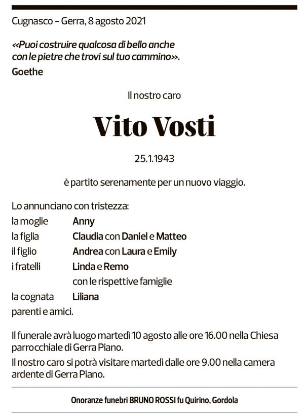 Annuncio funebre Vito Vosti