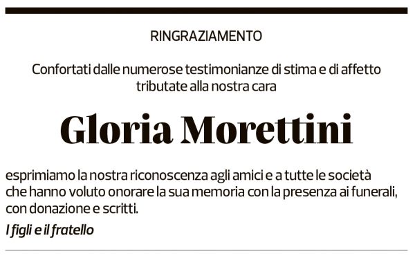 Annuncio funebre Gloria Morettini