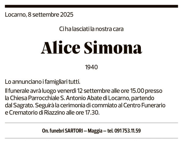 Annuncio funebre Alice Simona