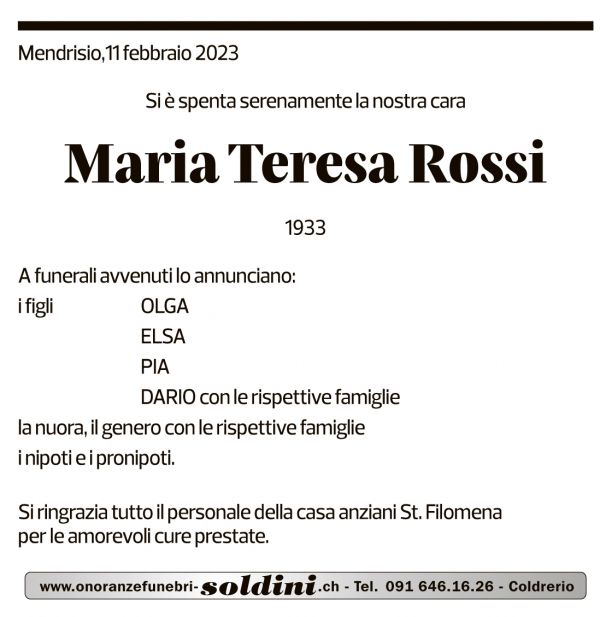 Annuncio funebre Maria Teresa Rossi