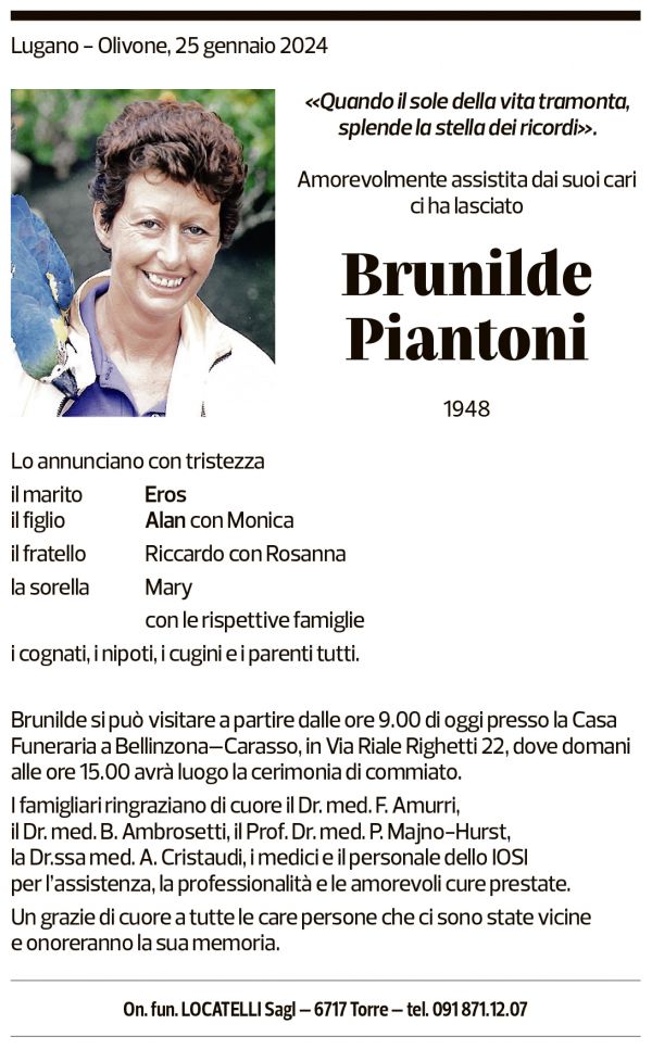 Annuncio funebre Brunilde Piantoni