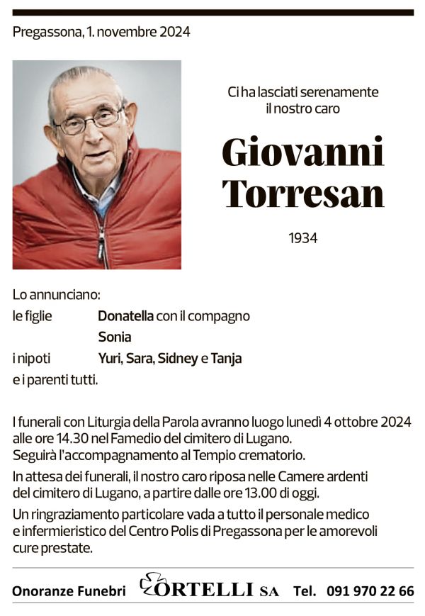 Annuncio funebre Giovanni Torresan