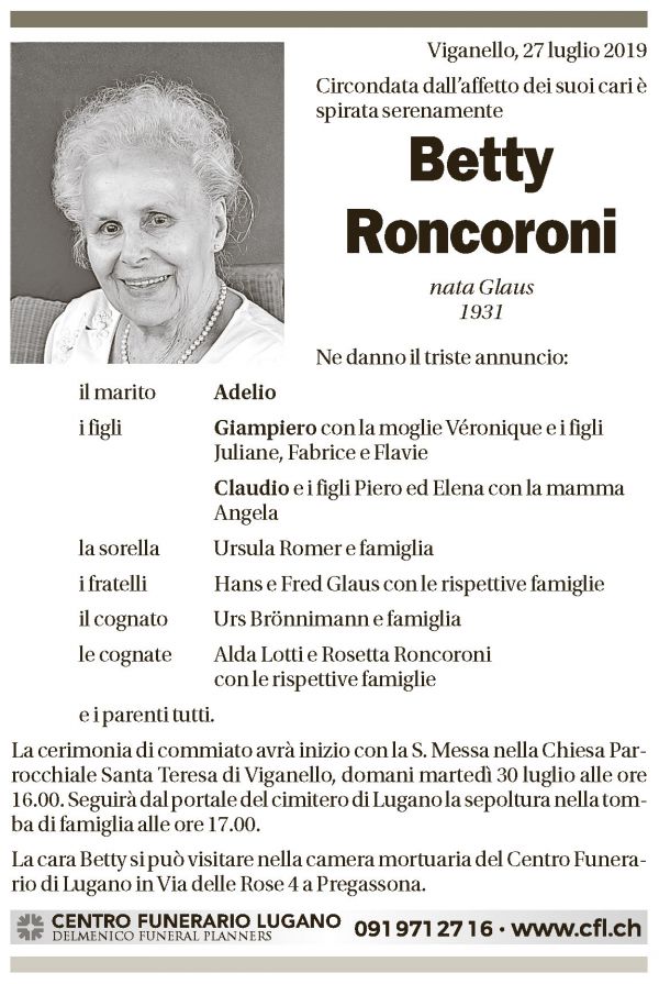 Annuncio funebre Betty Roncoroni