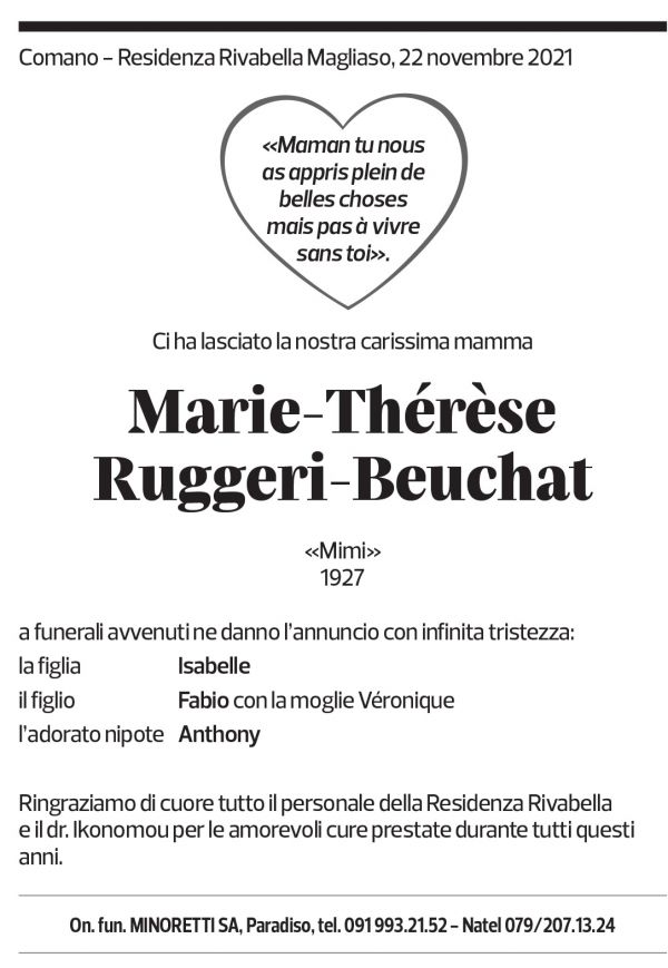 Annuncio funebre Marie-thérèse Ruggeri-beuchat