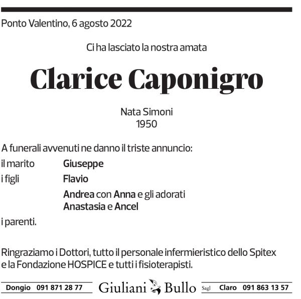 Annuncio funebre Clarice Caponigro