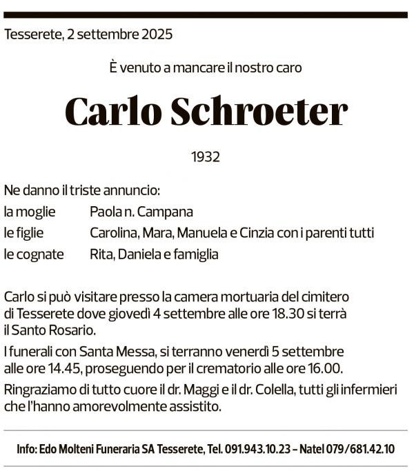 Annuncio funebre Carlo Schroeter