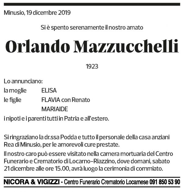 Annuncio funebre Orlando Mazzucchelli