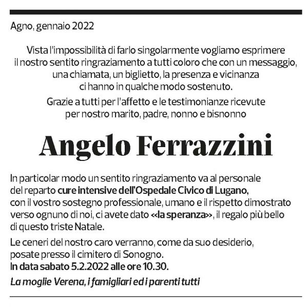 Annuncio funebre Angelo Ferrazzini