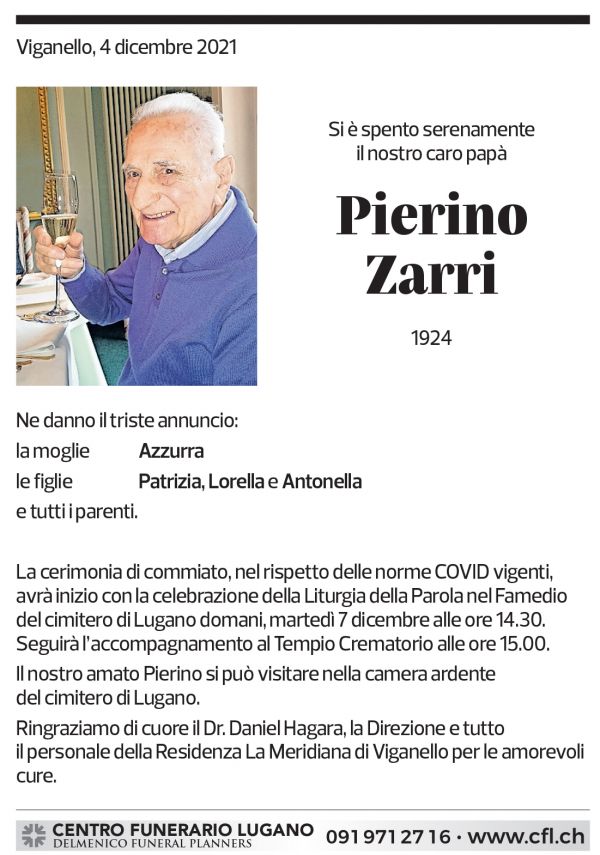 Annuncio funebre Pierino Zarri