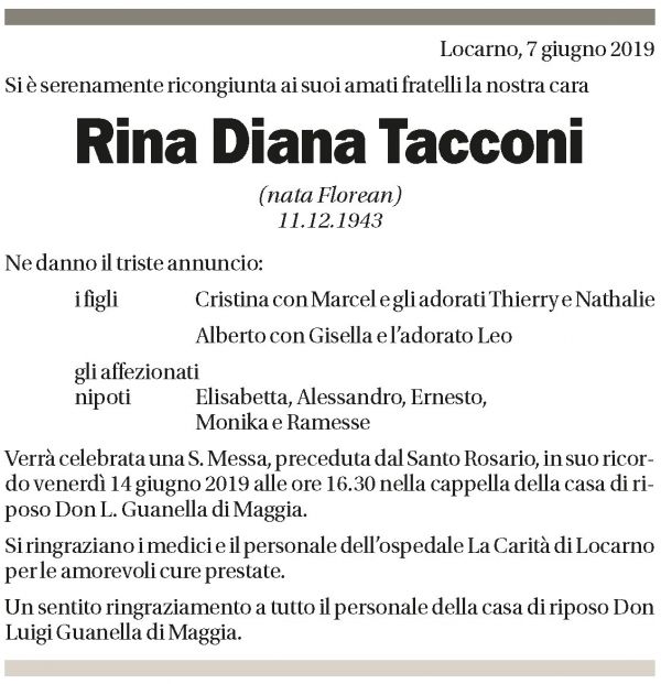 Annuncio funebre Rina Diana Tacconi