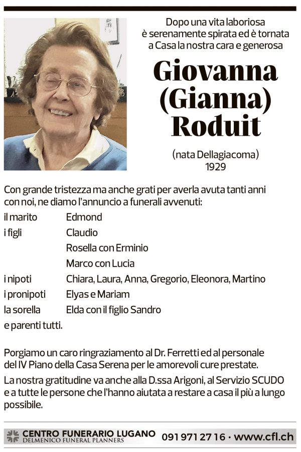 Annuncio funebre Giovanna Gianna Roduit