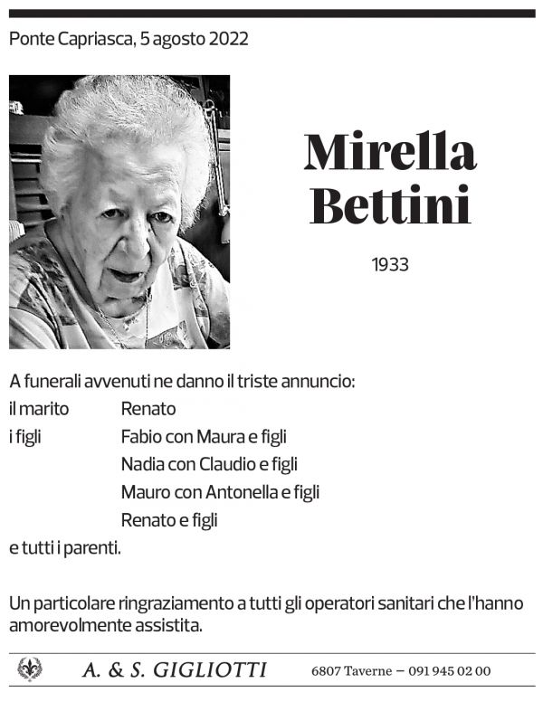 Annuncio funebre Mirella Bettini