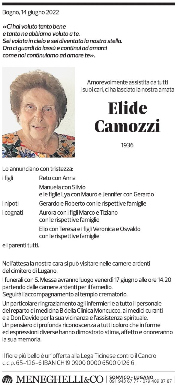 Annuncio funebre Elide Camozzi