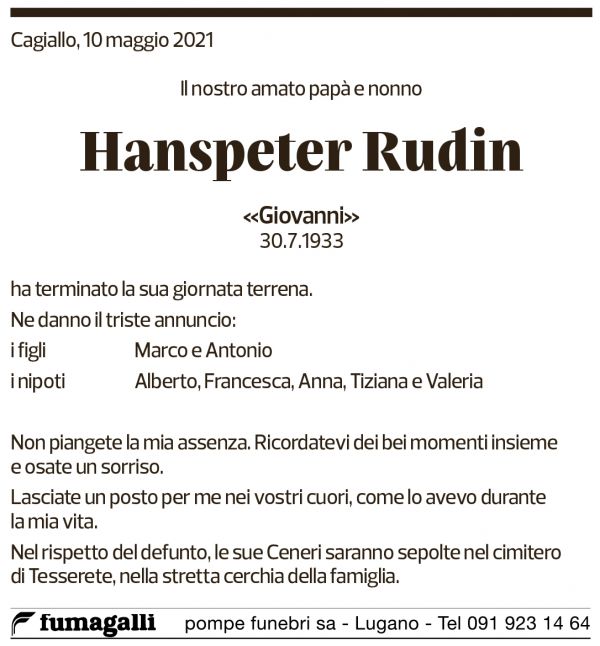 Annuncio funebre Hanspeter Rudin