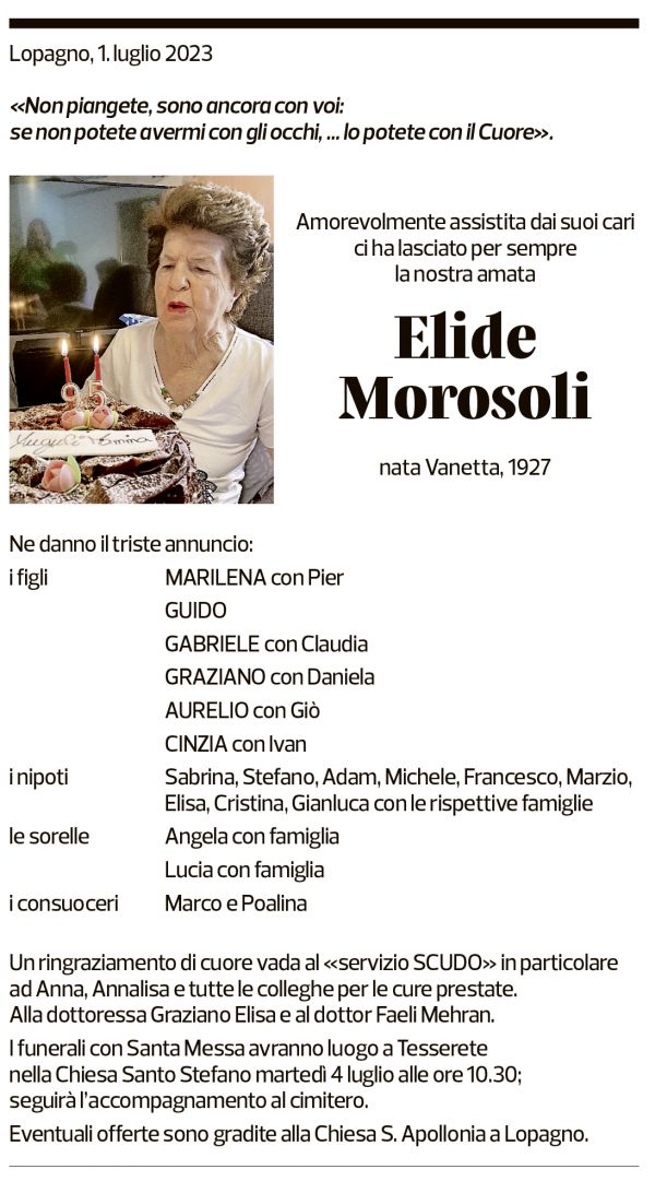 Annuncio funebre Elide Morosoli