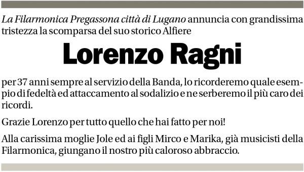 Annuncio funebre Lorenzo Ragni