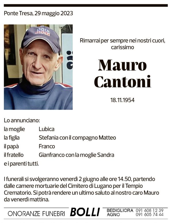 Annuncio funebre Mauro Cantoni